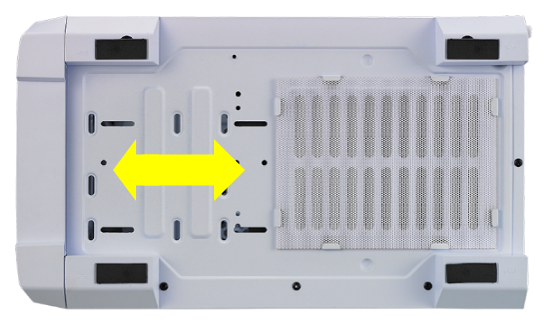 A NOVA MESH SE TG white case shows the position range of modular hard drive cage